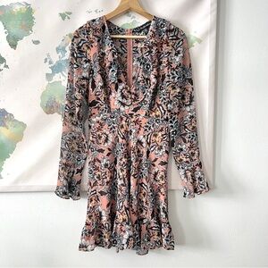 For Love And Lemons Gracie Dress Size Small Floral Bell Sleeve Mini Pink Blue